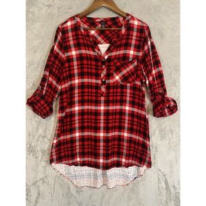 Intro Tunic Top Womens 1X Red Black Plaid Floral Roll Tab Boho‎ Country Festival